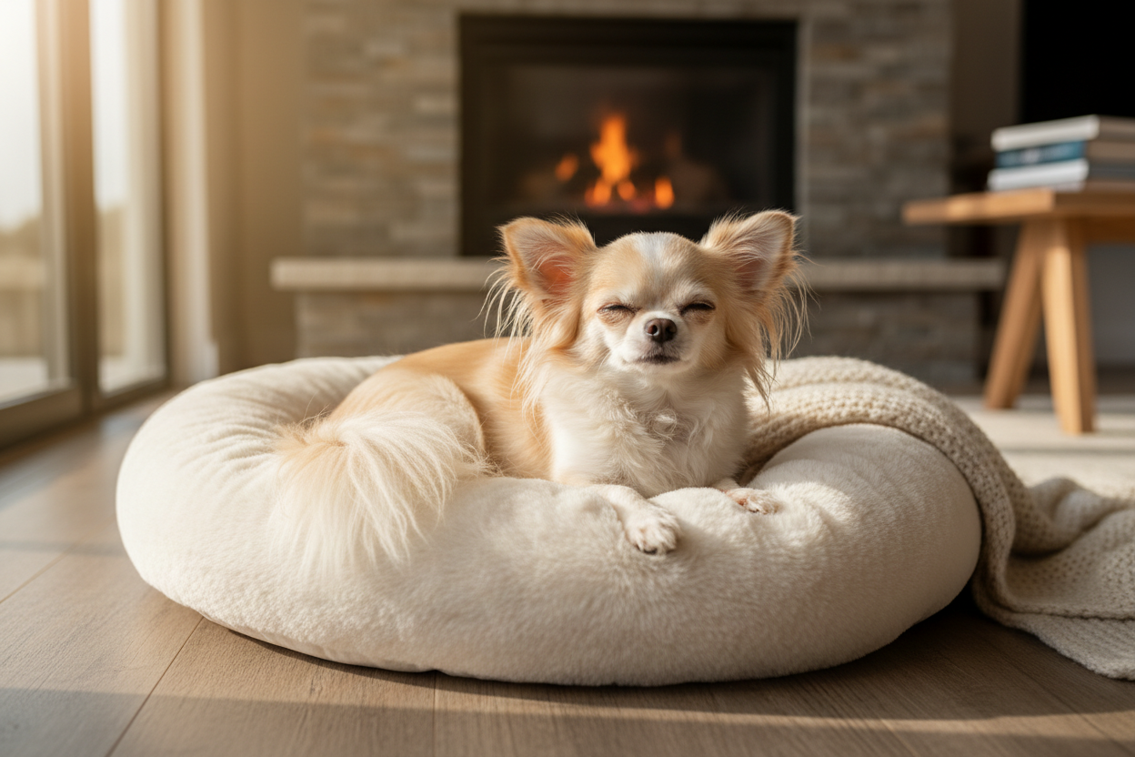 Langhaar chihuahua auf einem Hundebett